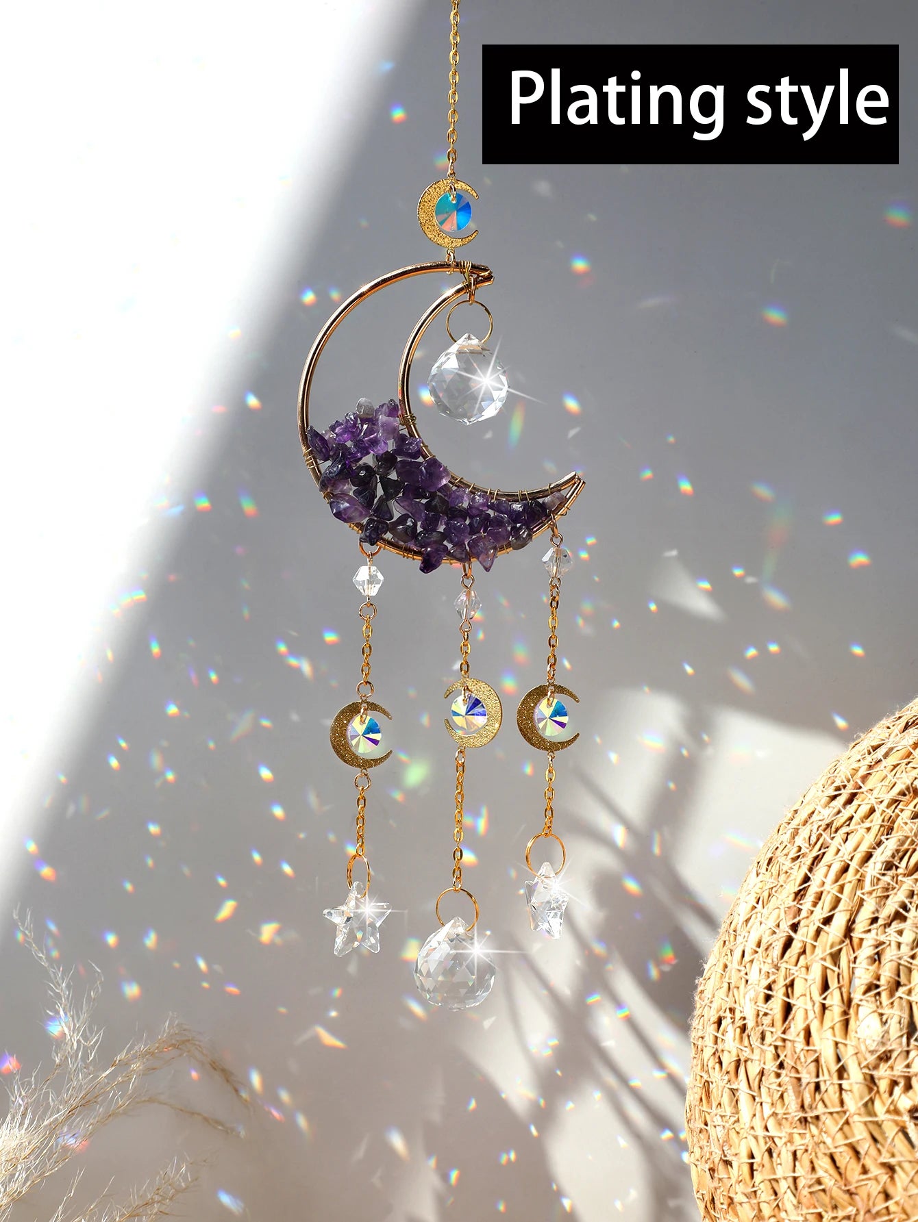 Natural Moon Crystal Suncatcher Ornament With Colorful Prism Pendant For Garden