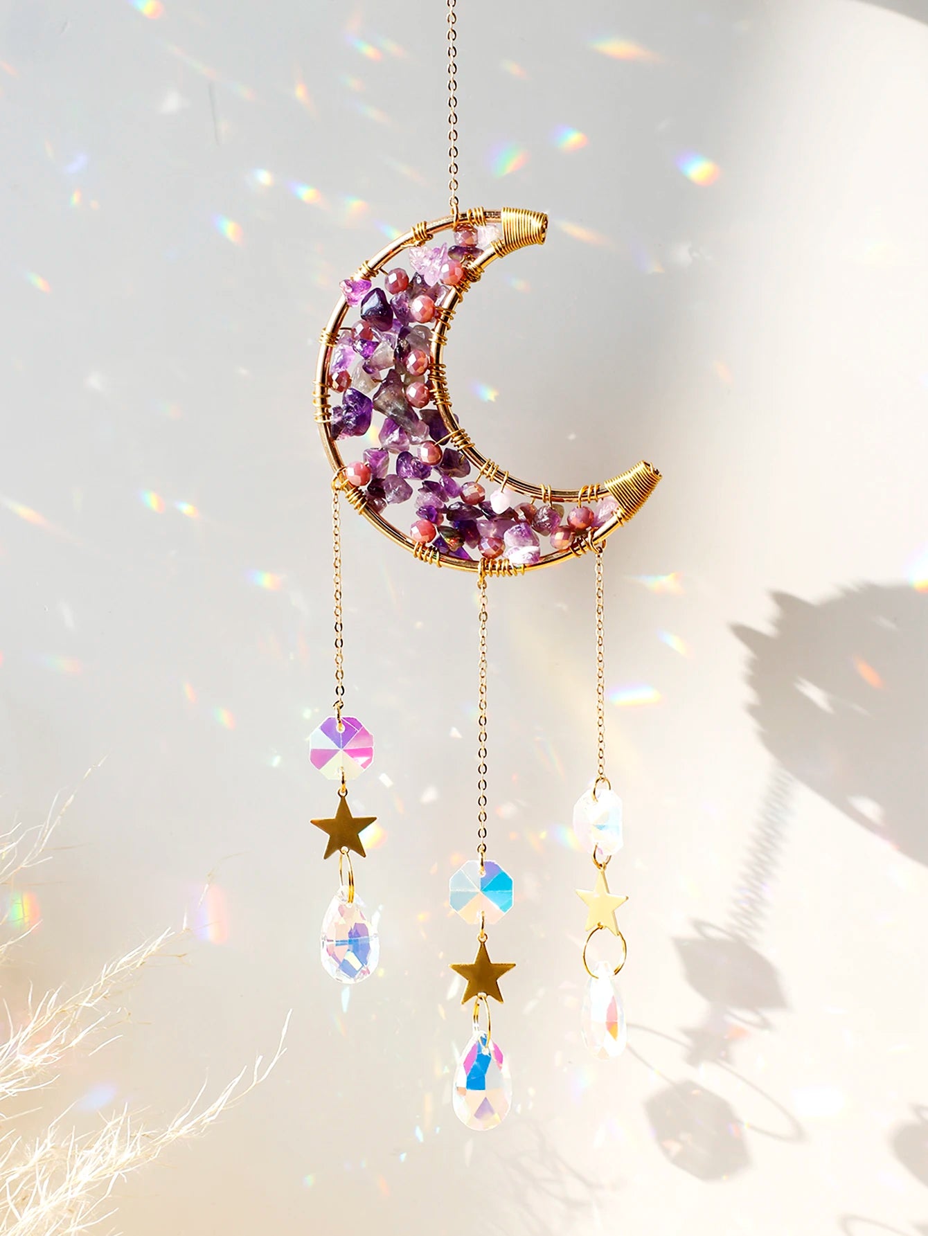 Natural Moon Crystal Suncatcher Ornament With Colorful Prism Pendant For Garden