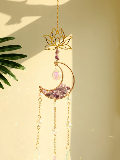 Natural Moon Crystal Suncatcher Ornament With Colorful Prism Pendant For Garden