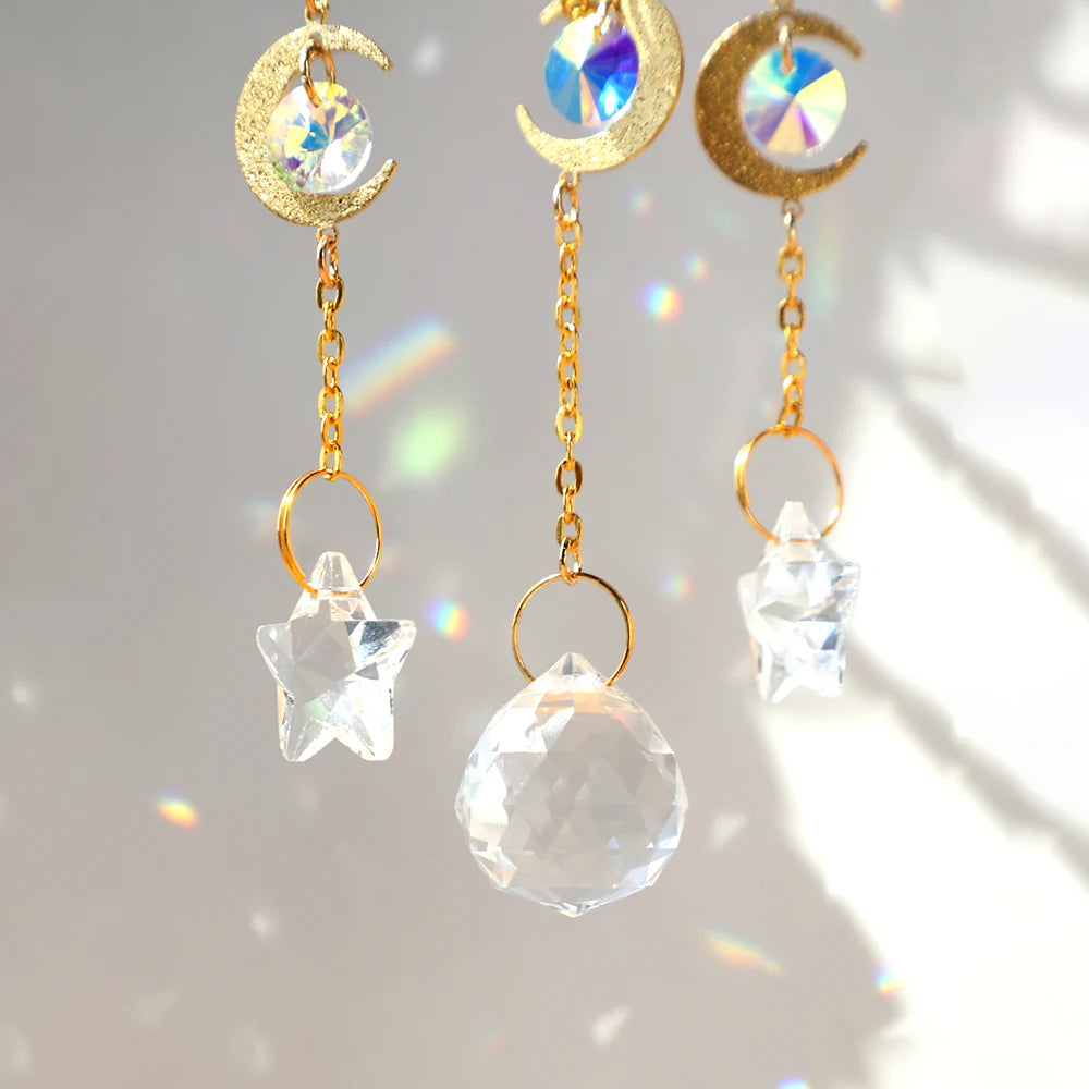 Natural Moon Crystal Suncatcher Ornament With Colorful Prism Pendant For Garden