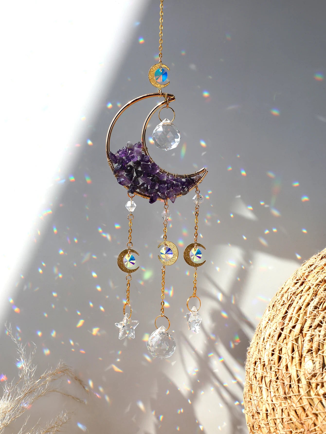 Natural Moon Crystal Suncatcher Ornament With Colorful Prism Pendant For Garden