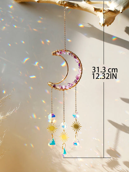 Natural Moon Crystal Suncatcher Ornament With Colorful Prism Pendant For Garden