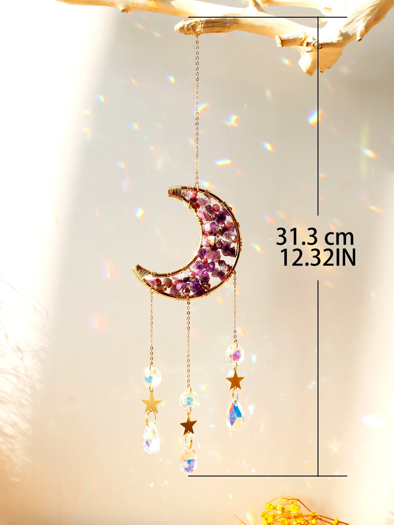 Natural Moon Crystal Suncatcher Ornament With Colorful Prism Pendant For Garden