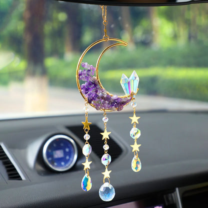 Natural Moon Crystal Suncatcher Ornament With Colorful Prism Pendant For Garden