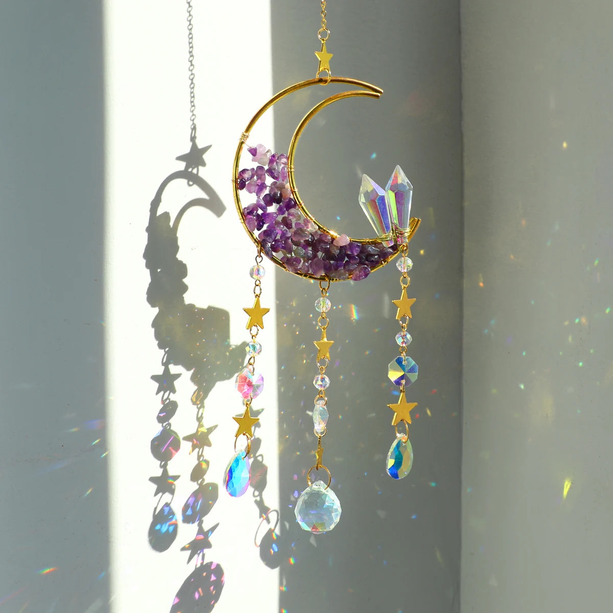 Natural Moon Crystal Suncatcher Ornament With Colorful Prism Pendant For Garden