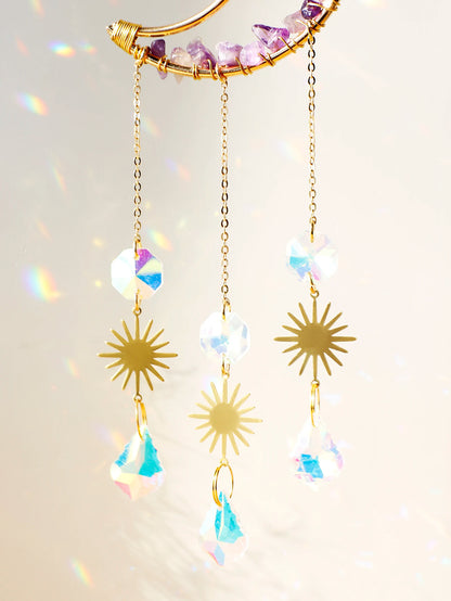 Natural Moon Crystal Suncatcher Ornament With Colorful Prism Pendant For Garden