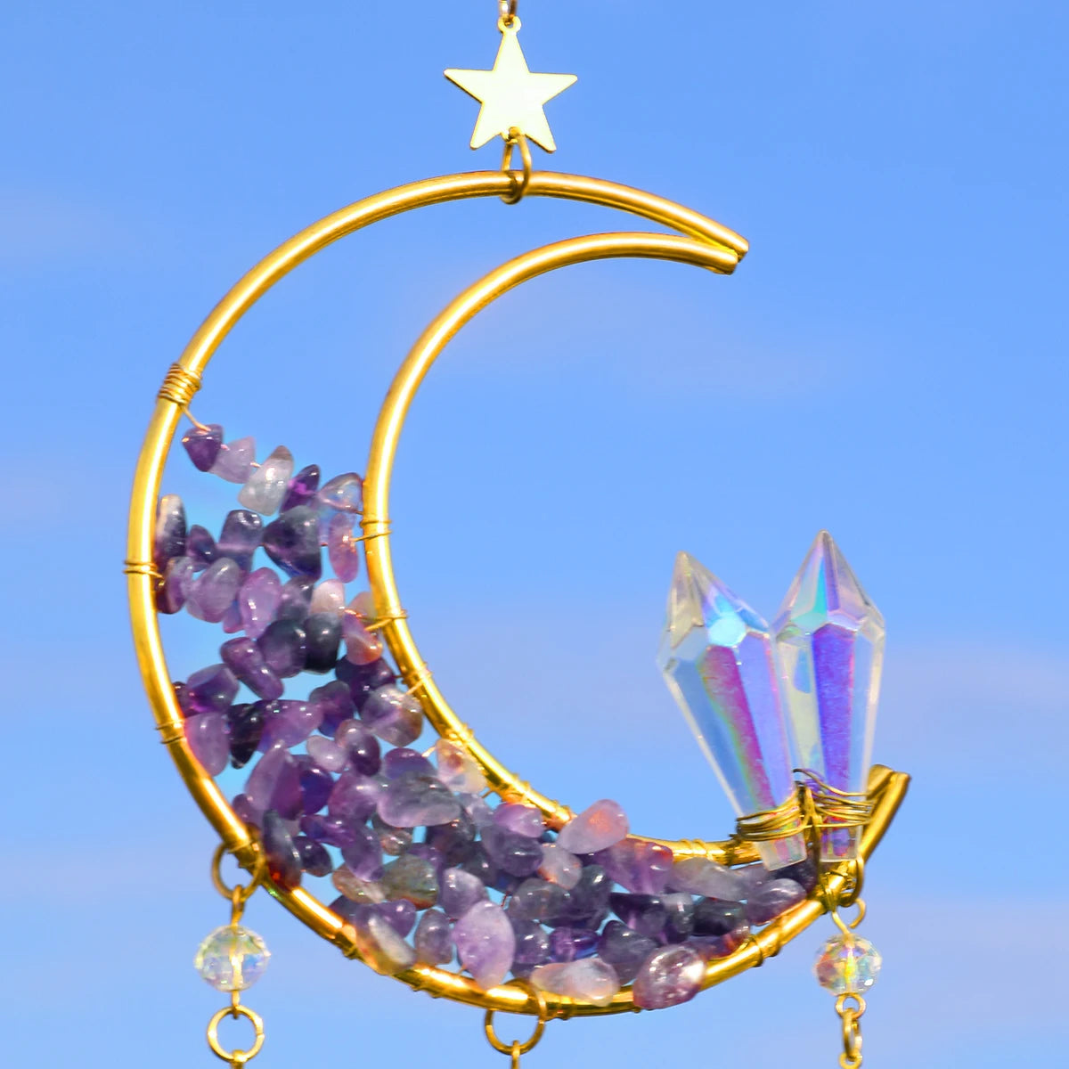 Natural Moon Crystal Suncatcher Ornament With Colorful Prism Pendant For Garden