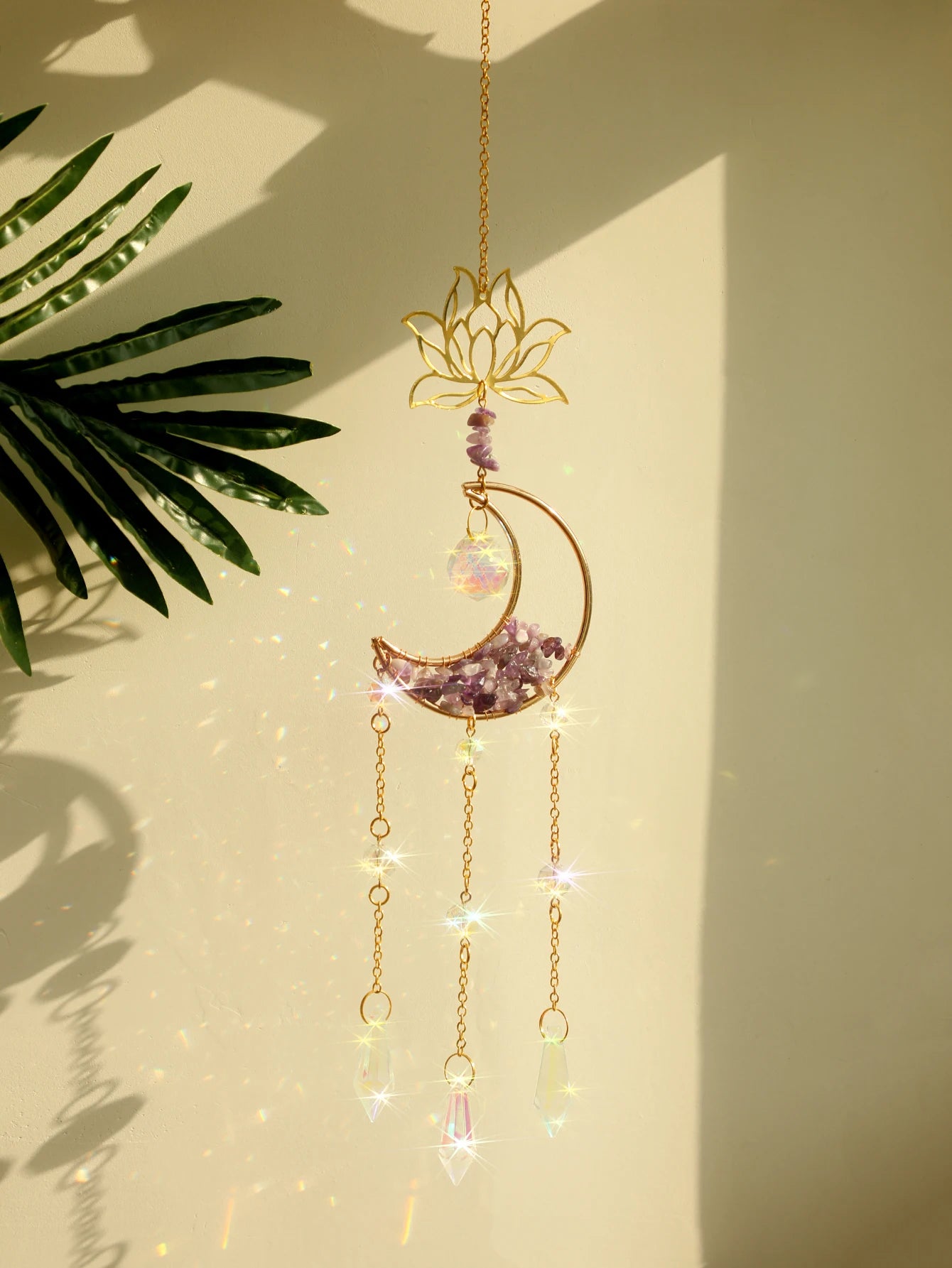 Natural Moon Crystal Suncatcher Ornament With Colorful Prism Pendant For Garden