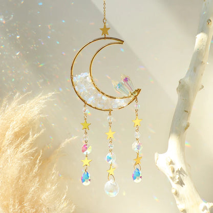 Natural Moon Crystal Suncatcher Ornament With Colorful Prism Pendant For Garden