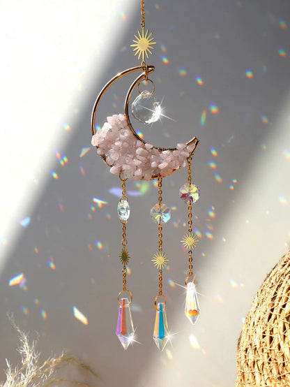 Natural Moon Crystal Suncatcher Ornament With Colorful Prism Pendant For Garden