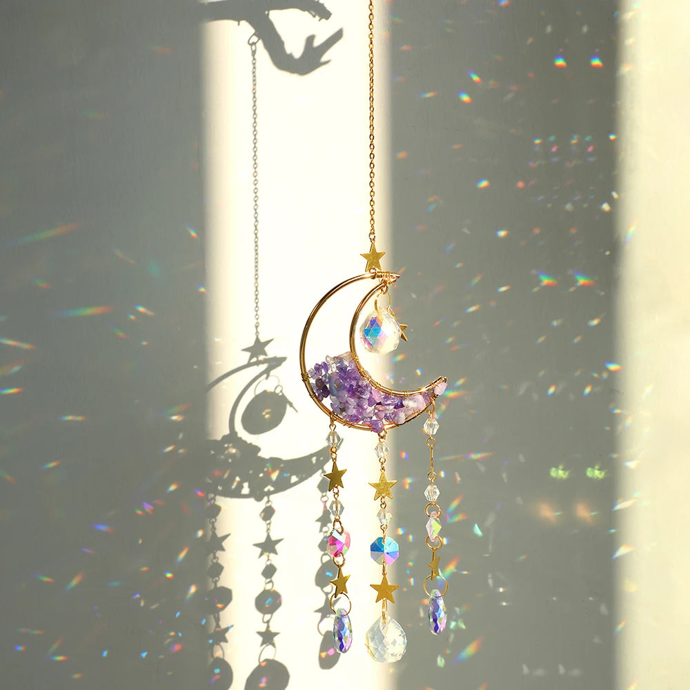 Natural Moon Crystal Suncatcher Ornament With Colorful Prism Pendant For Garden