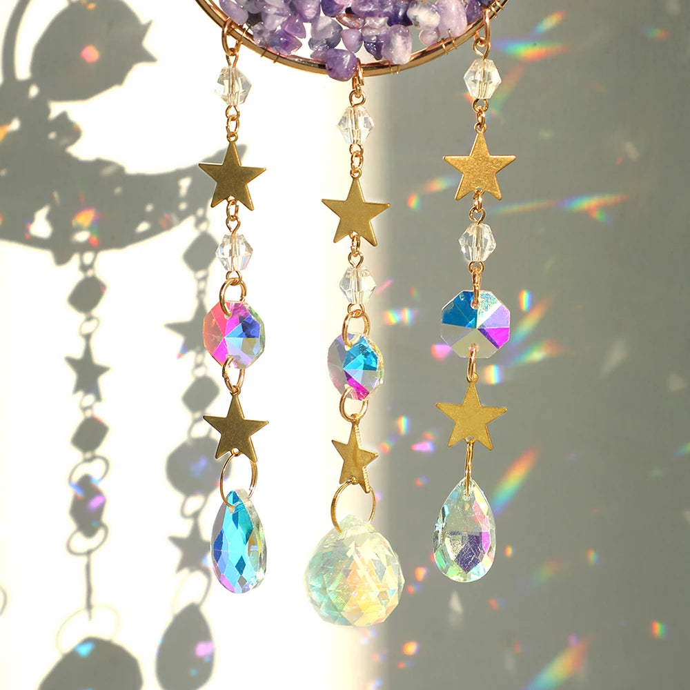 Natural Moon Crystal Suncatcher Ornament With Colorful Prism Pendant For Garden