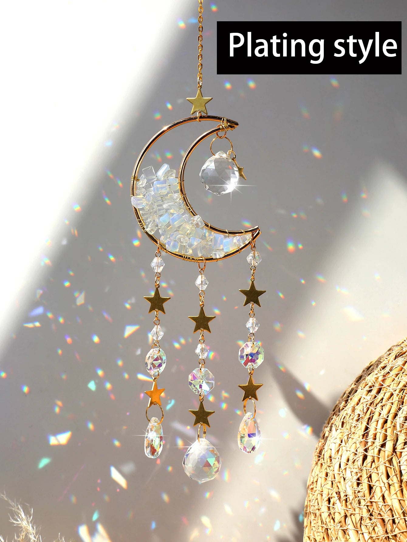 Natural Moon Crystal Suncatcher Ornament With Colorful Prism Pendant For Garden