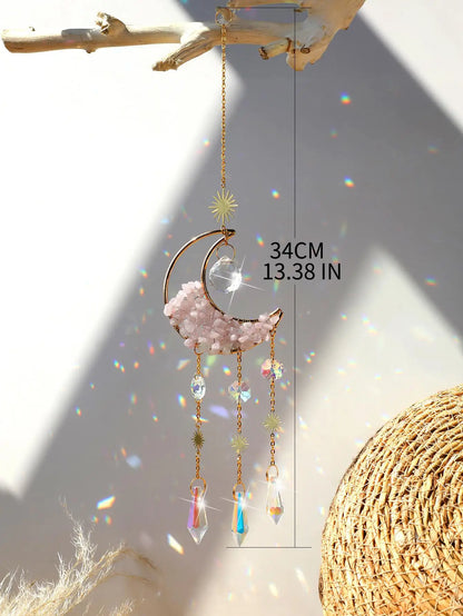 Natural Moon Crystal Suncatcher Ornament With Colorful Prism Pendant For Garden