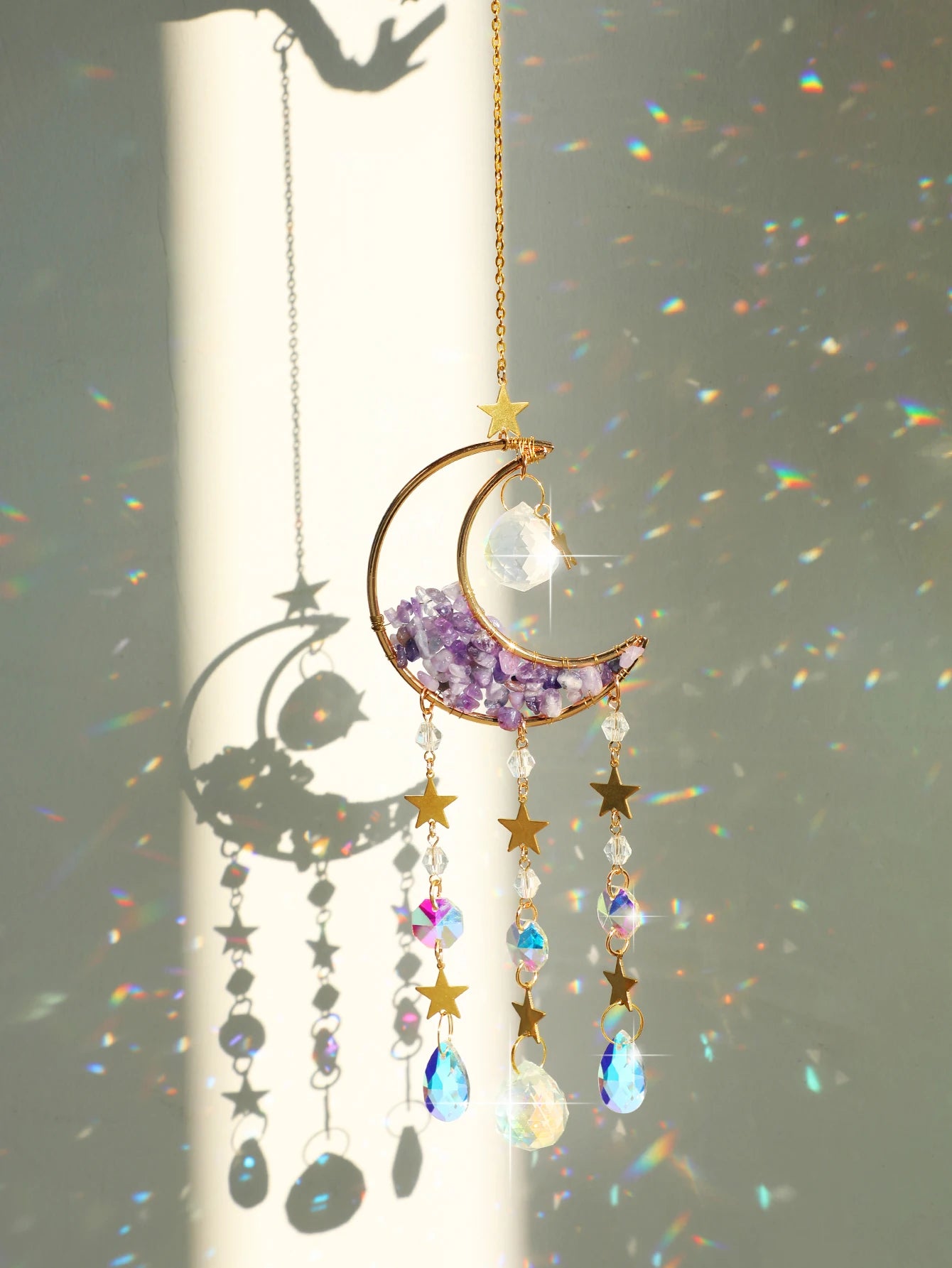 Natural Moon Crystal Suncatcher Ornament With Colorful Prism Pendant For Garden