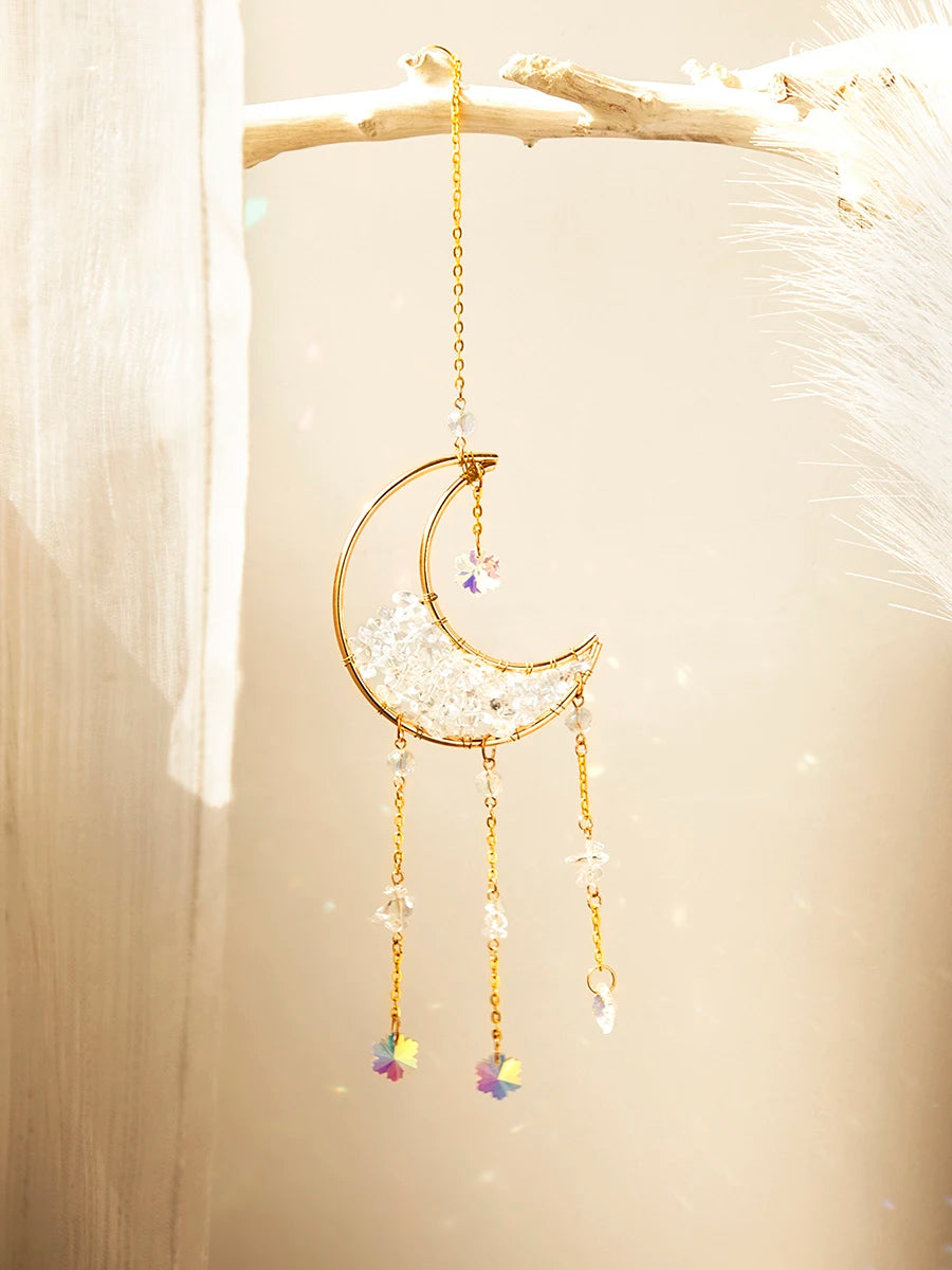 Natural Moon Crystal Suncatcher Ornament With Colorful Prism Pendant For Garden