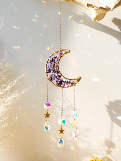 Natural Moon Crystal Suncatcher Ornament With Colorful Prism Pendant For Garden