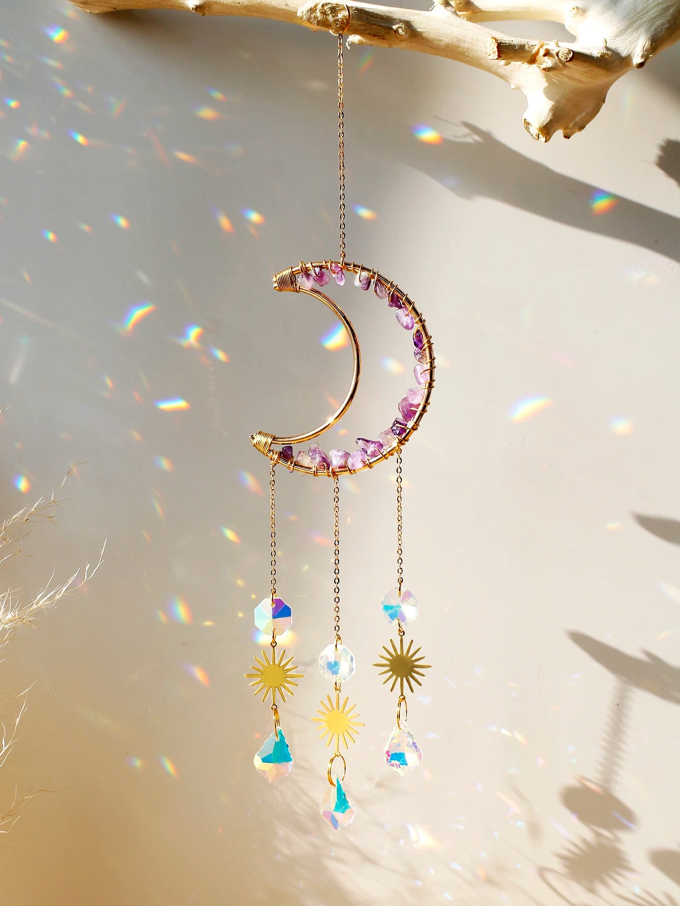 Natural Moon Crystal Suncatcher Ornament With Colorful Prism Pendant For Garden