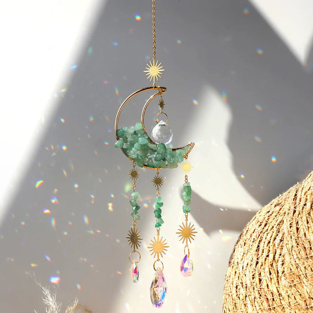 Natural Moon Crystal Suncatcher Ornament With Colorful Prism Pendant For Garden