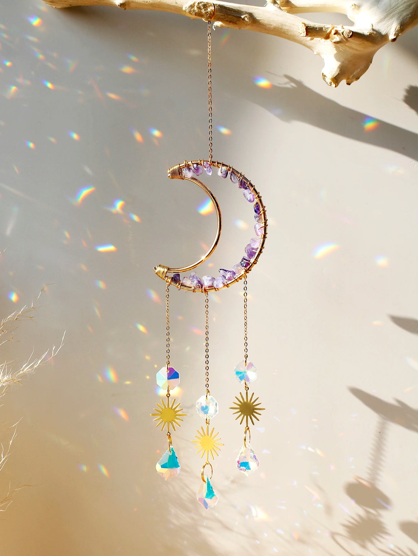 Natural Moon Crystal Suncatcher Ornament With Colorful Prism Pendant For Garden