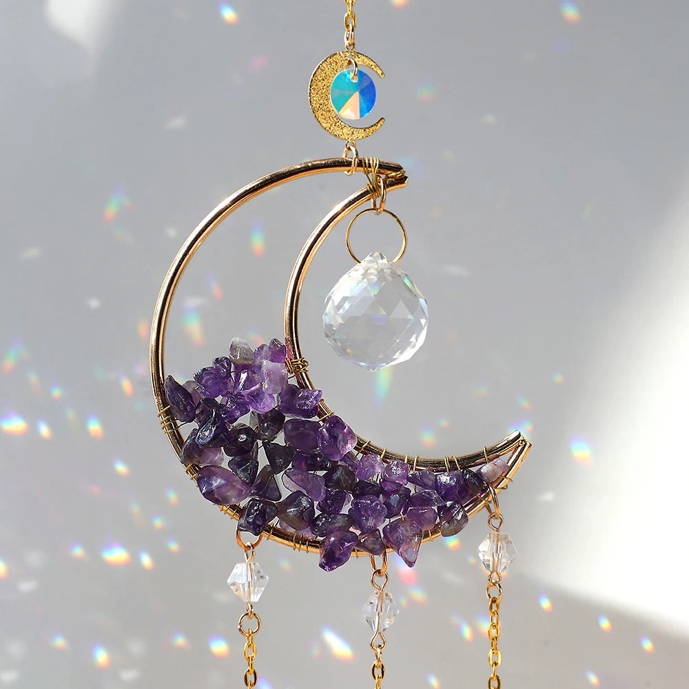 Natural Moon Crystal Suncatcher Ornament With Colorful Prism Pendant For Garden