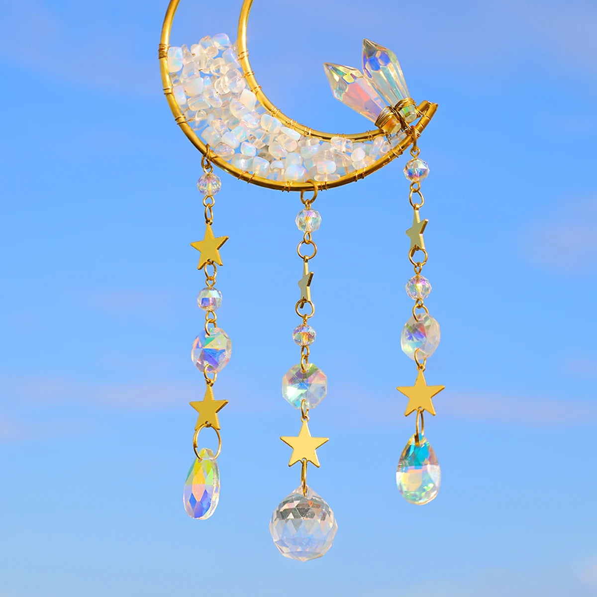 Natural Moon Crystal Suncatcher Ornament With Colorful Prism Pendant For Garden