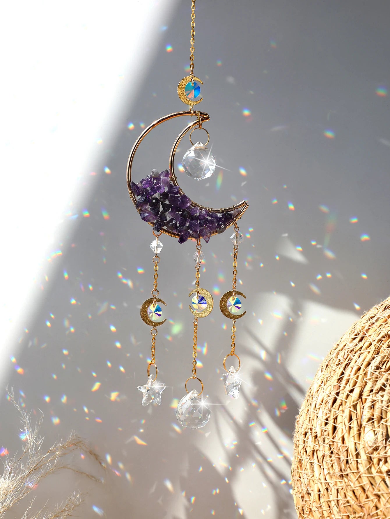 Natural Moon Crystal Suncatcher Ornament With Colorful Prism Pendant For Garden