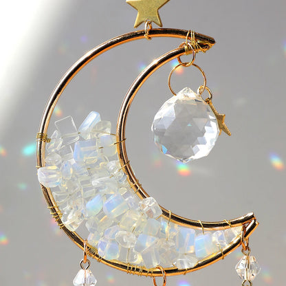 Natural Moon Crystal Suncatcher Ornament With Colorful Prism Pendant For Garden