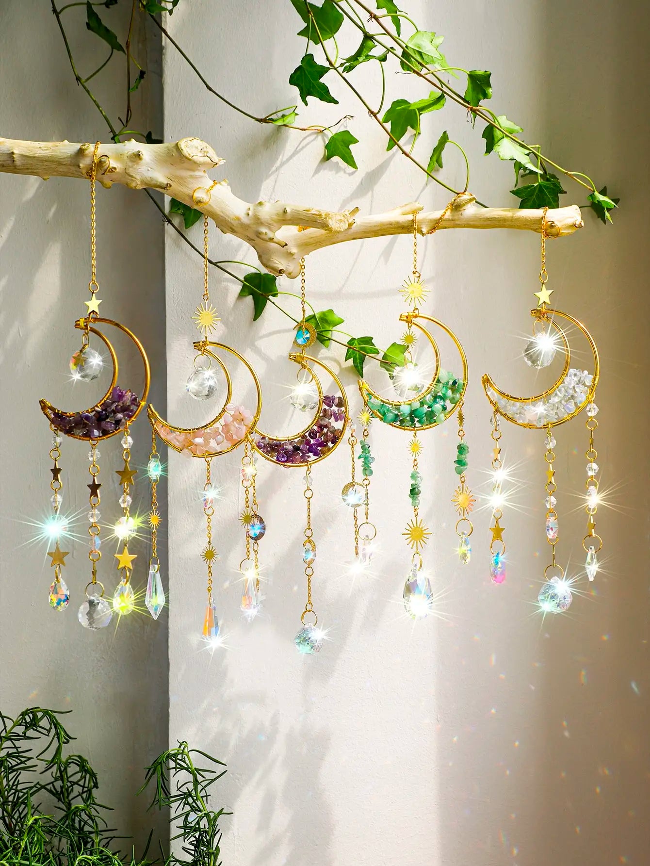 Natural Moon Crystal Suncatcher Ornament With Colorful Prism Pendant For Garden