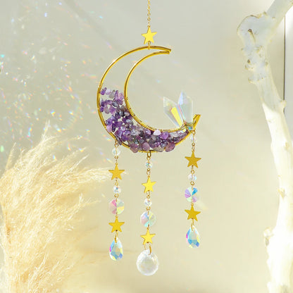 Natural Moon Crystal Suncatcher Ornament With Colorful Prism Pendant For Garden