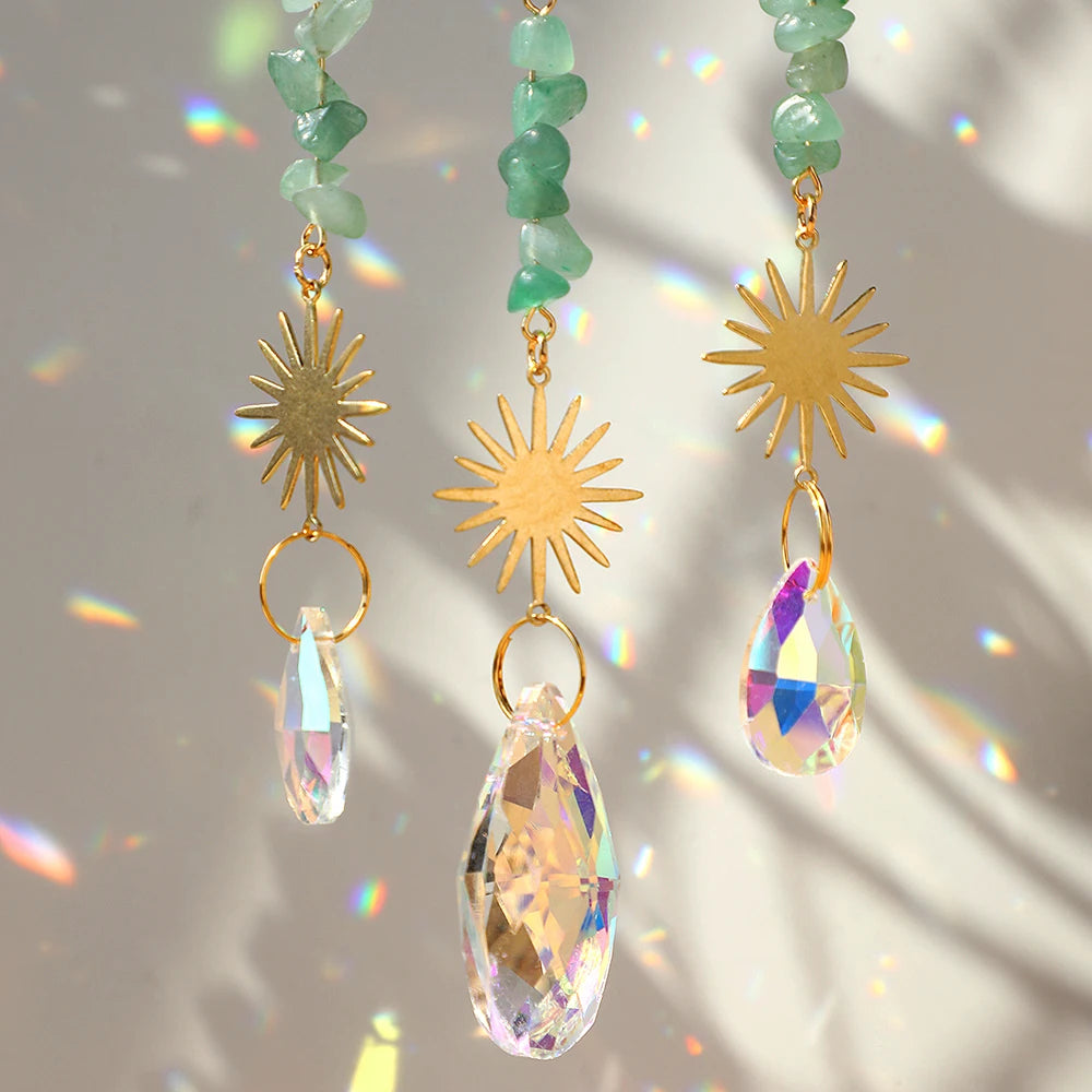 Natural Moon Crystal Suncatcher Ornament With Colorful Prism Pendant For Garden