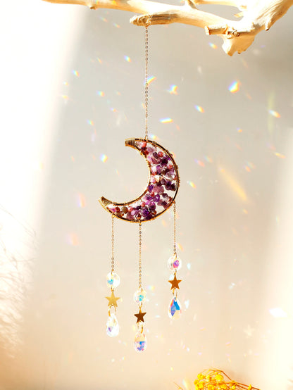 Natural Moon Crystal Suncatcher Ornament With Colorful Prism Pendant For Garden