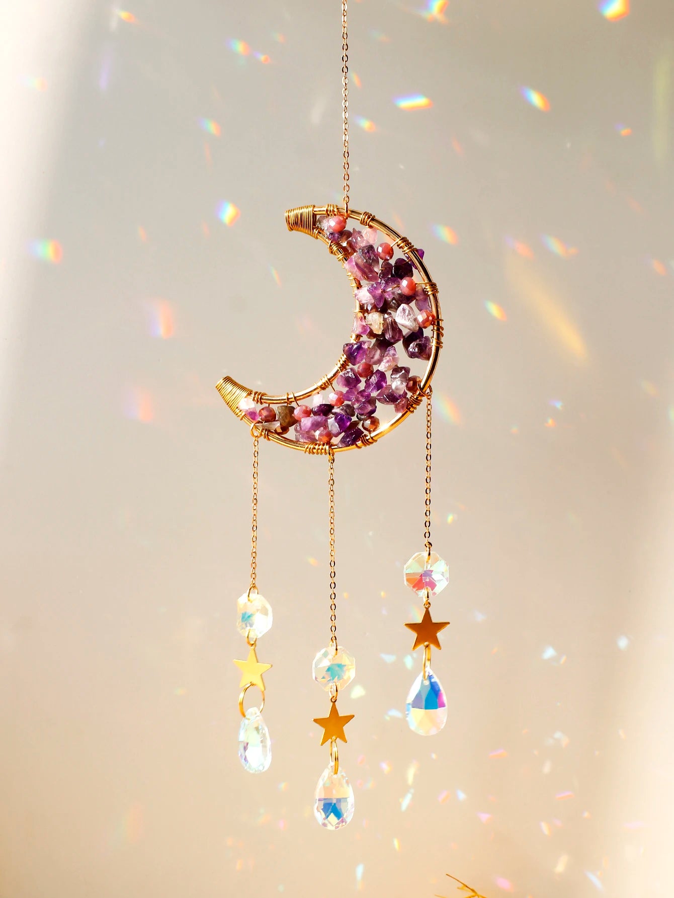 Natural Moon Crystal Suncatcher Ornament With Colorful Prism Pendant For Garden