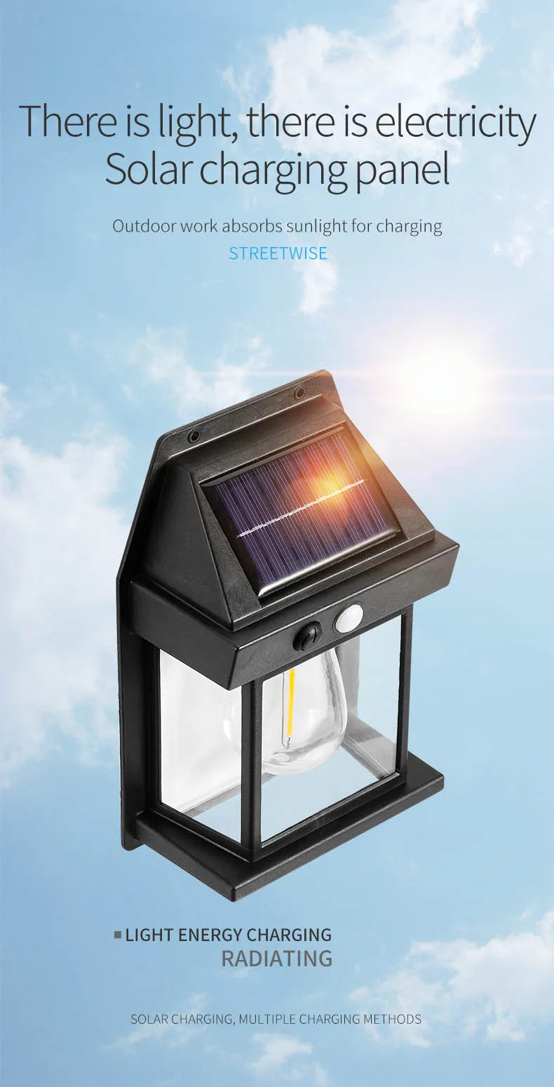 Motion Sensor Solar Wall Lamp - Tungsten Night Light with 3 Modes, Intelligent Outdoor Lighting