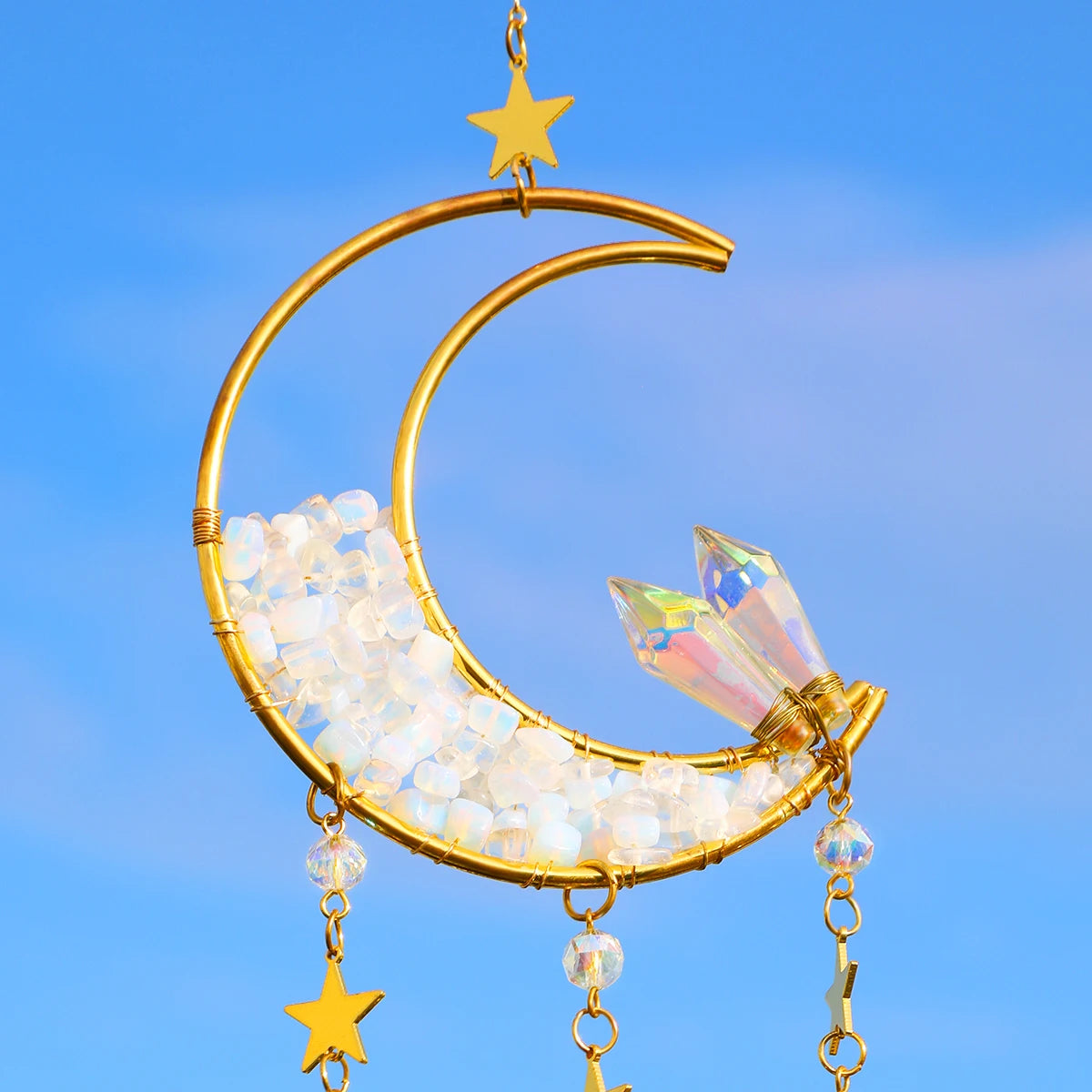 Natural Moon Crystal Suncatcher Ornament With Colorful Prism Pendant For Garden