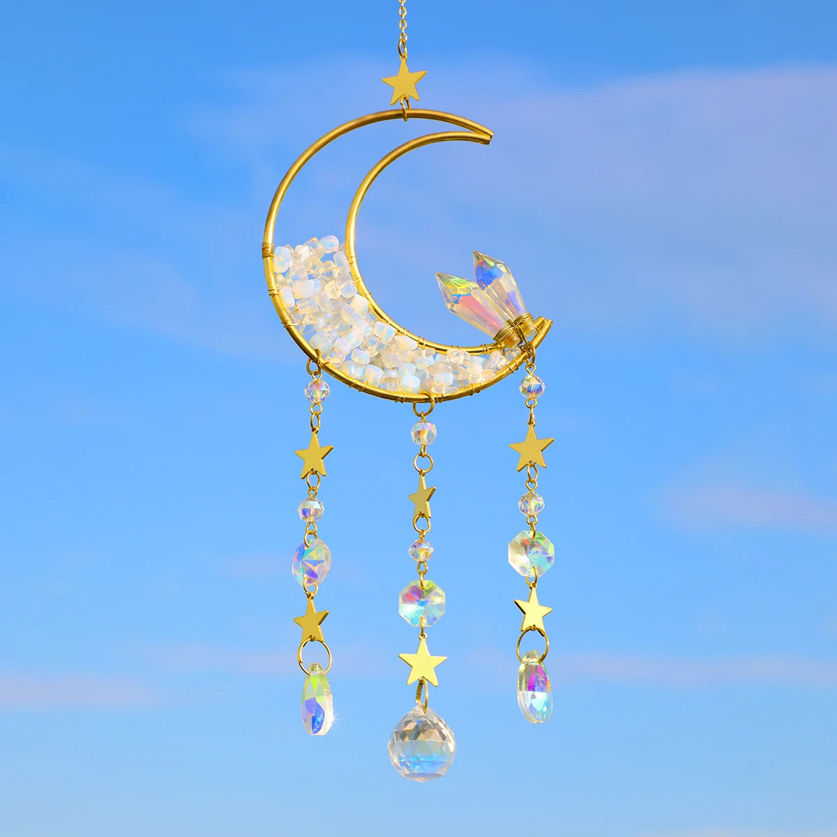 Natural Moon Crystal Suncatcher Ornament With Colorful Prism Pendant For Garden