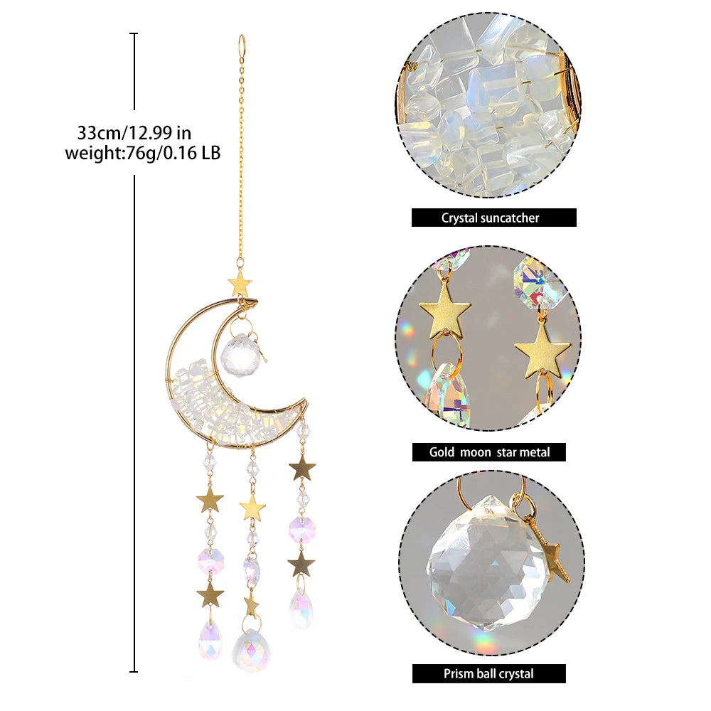 Natural Moon Crystal Suncatcher Ornament With Colorful Prism Pendant For Garden