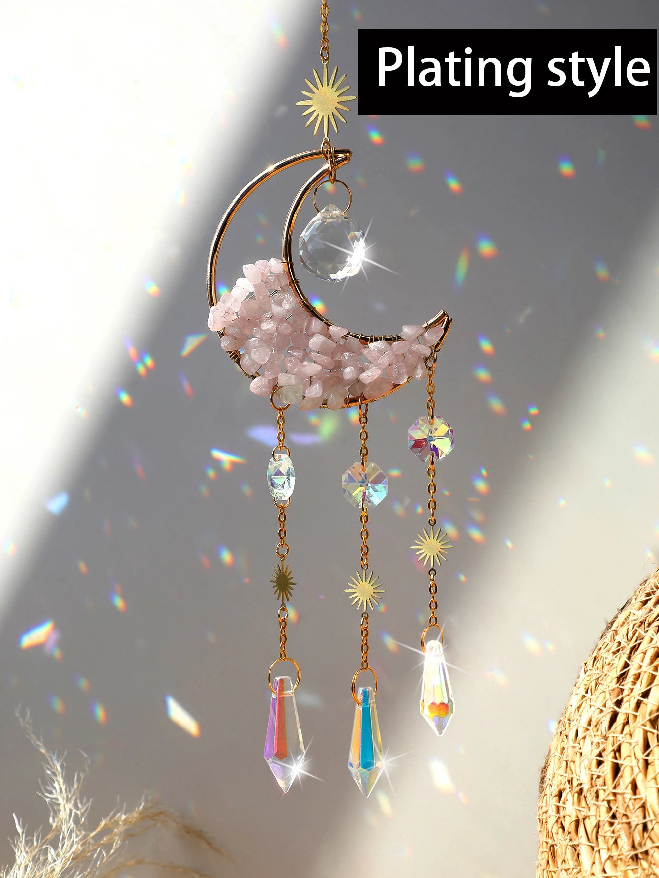 Natural Moon Crystal Suncatcher Ornament With Colorful Prism Pendant For Garden