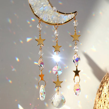 Natural Moon Crystal Suncatcher Ornament With Colorful Prism Pendant For Garden