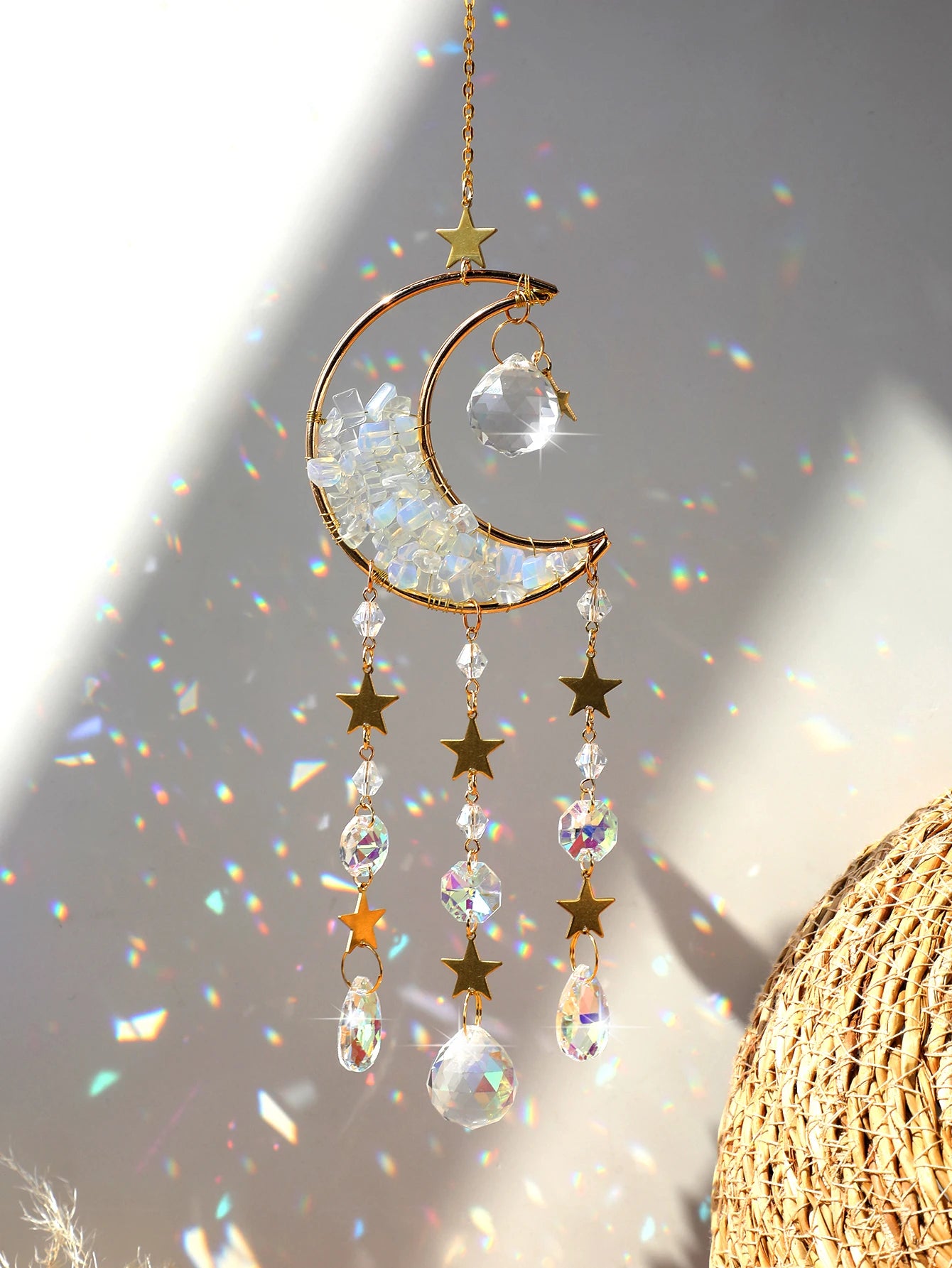 Natural Moon Crystal Suncatcher Ornament With Colorful Prism Pendant For Garden