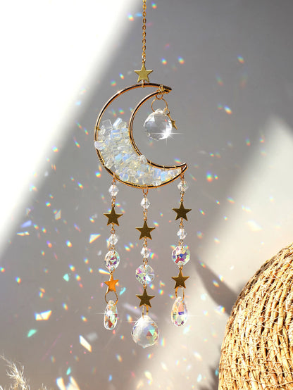 Natural Moon Crystal Suncatcher Ornament With Colorful Prism Pendant For Garden