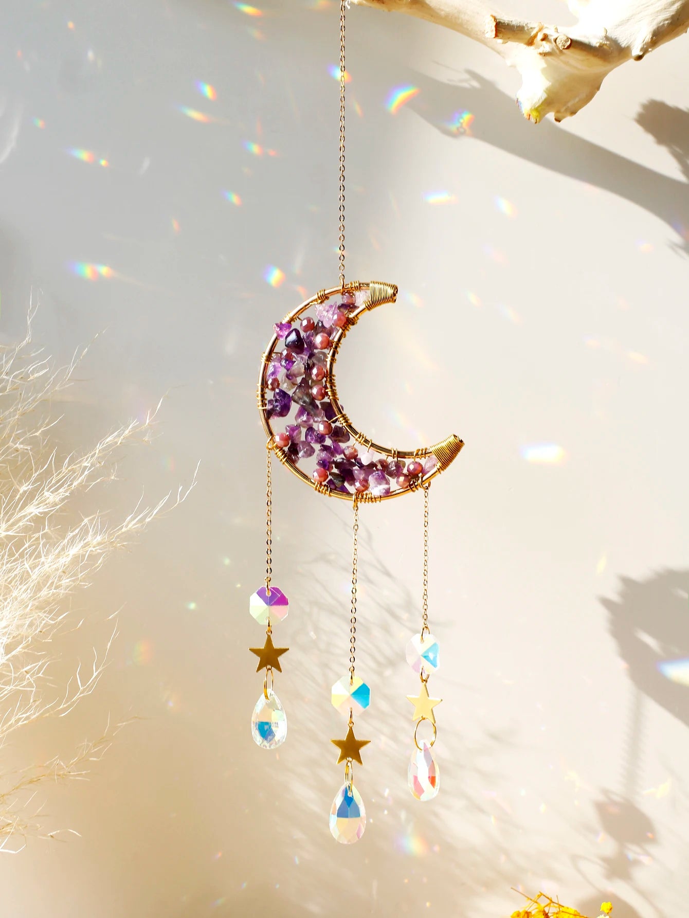 Natural Moon Crystal Suncatcher Ornament With Colorful Prism Pendant For Garden