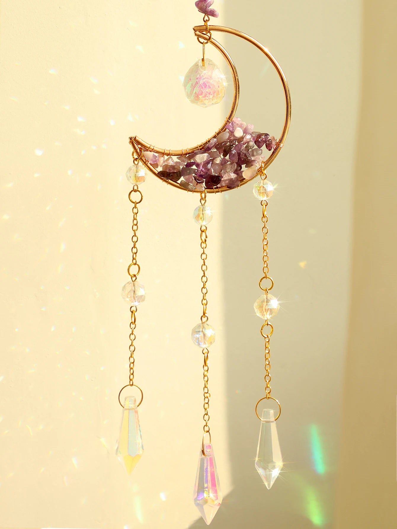 Natural Moon Crystal Suncatcher Ornament With Colorful Prism Pendant For Garden