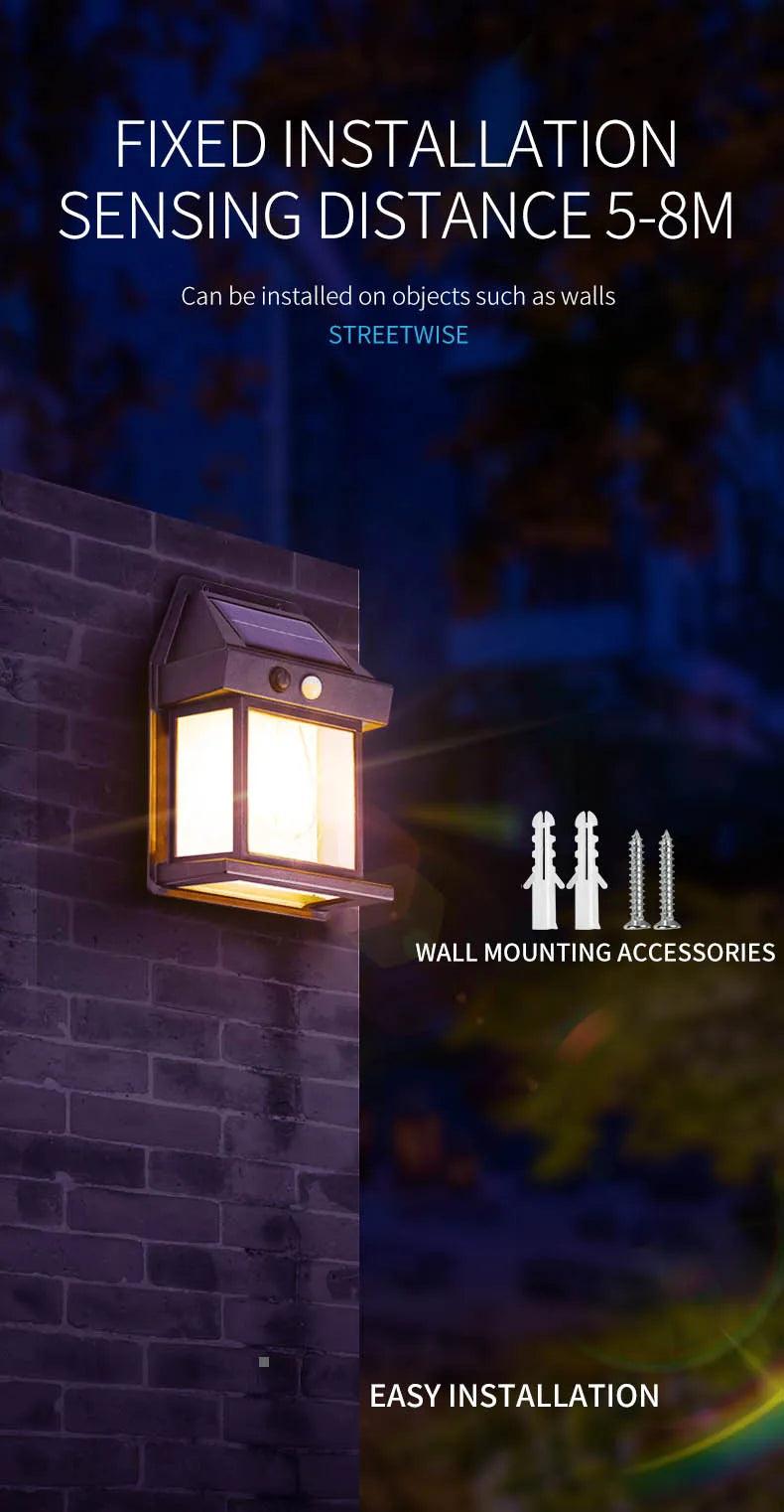 Motion Sensor Solar Wall Lamp - Tungsten Night Light with 3 Modes, Intelligent Outdoor Lighting